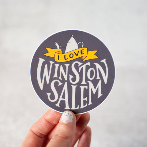 I love Winston-Salem! Weather-resistant round vinyl sticker by Em Dash Paper Co.